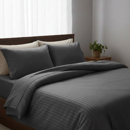 Спален комплект Памучен сатен Сив Графит Райе