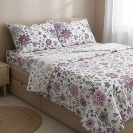 Спален комплект от ранфорс - Лилави Цветчета